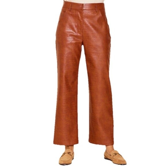 Skies Are Blue Camel Vegan-leather Straight Leg Pants M Embossed - Picture 1 of 9
